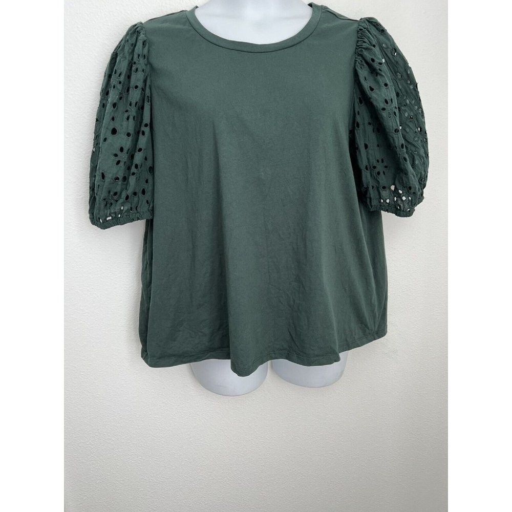 ELOQUII Women’s Green Knit Eyelet Puff Sleeve  Top Plus Size 22/24 Excellent